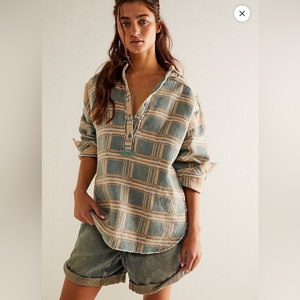 We The Free Arizona Sky Jacquard Plaid Tan and Green Shirt